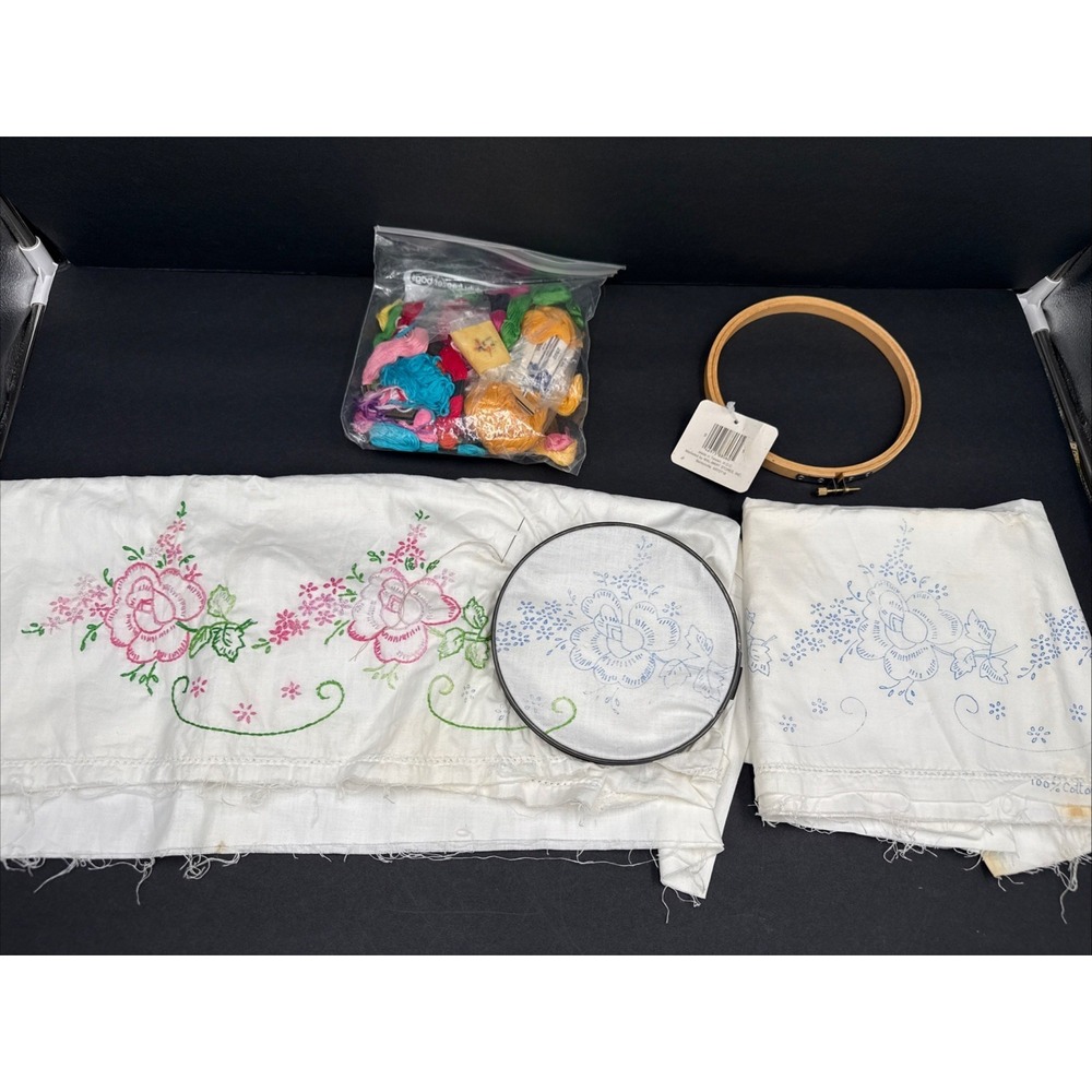 Vtg Unfinished Embroidered Floral Pillow Case Standard Printed 2 Kits 30x21